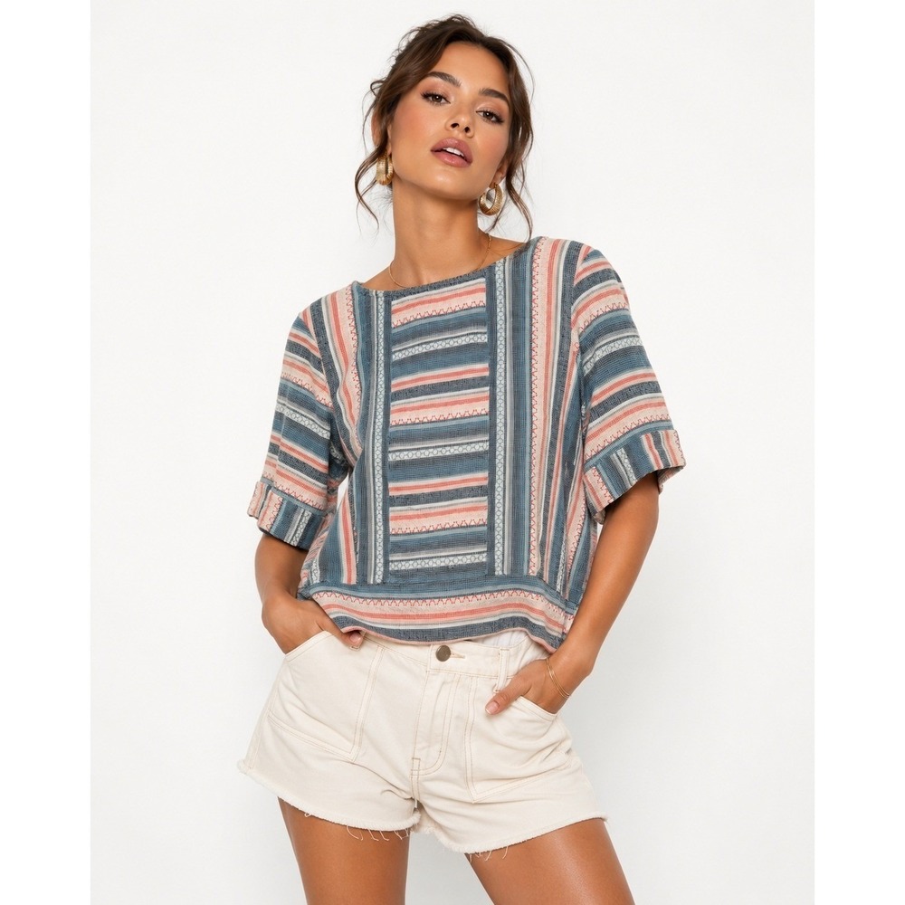 The Odells‎ Womens Large Striped Embroidered V-Neck Tassel Tie Back Cotton Top